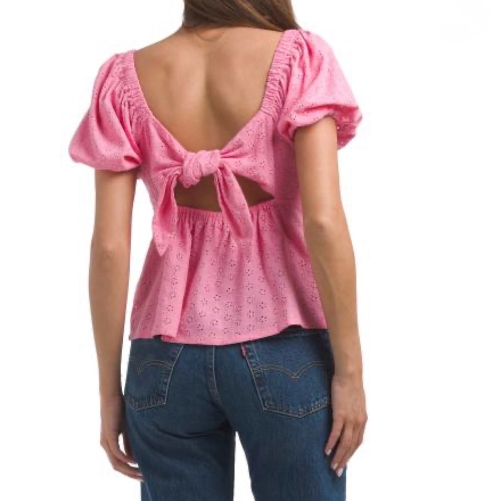 Posh Peanut Pink Eyelet Peplum Puff-Sleeve Top - Picture 2 of 6